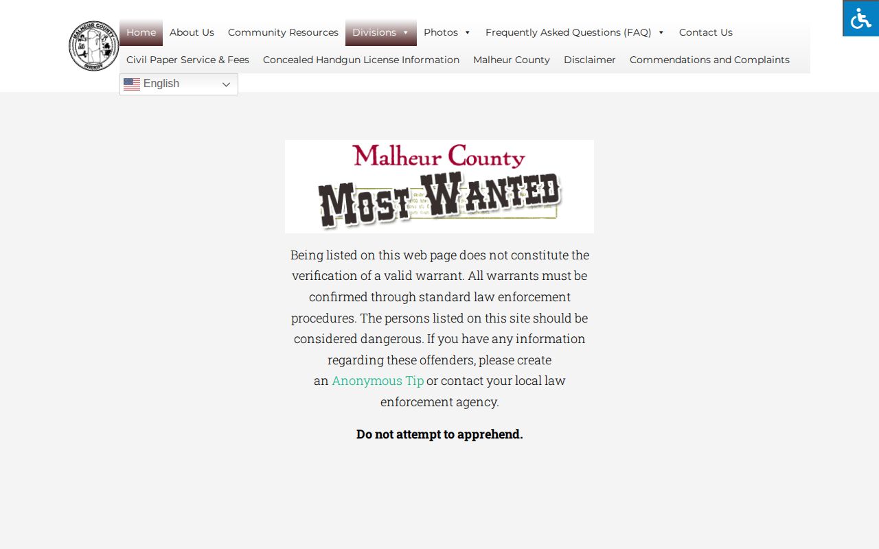Malheur County probation and parole Most Wanted warrant caveat